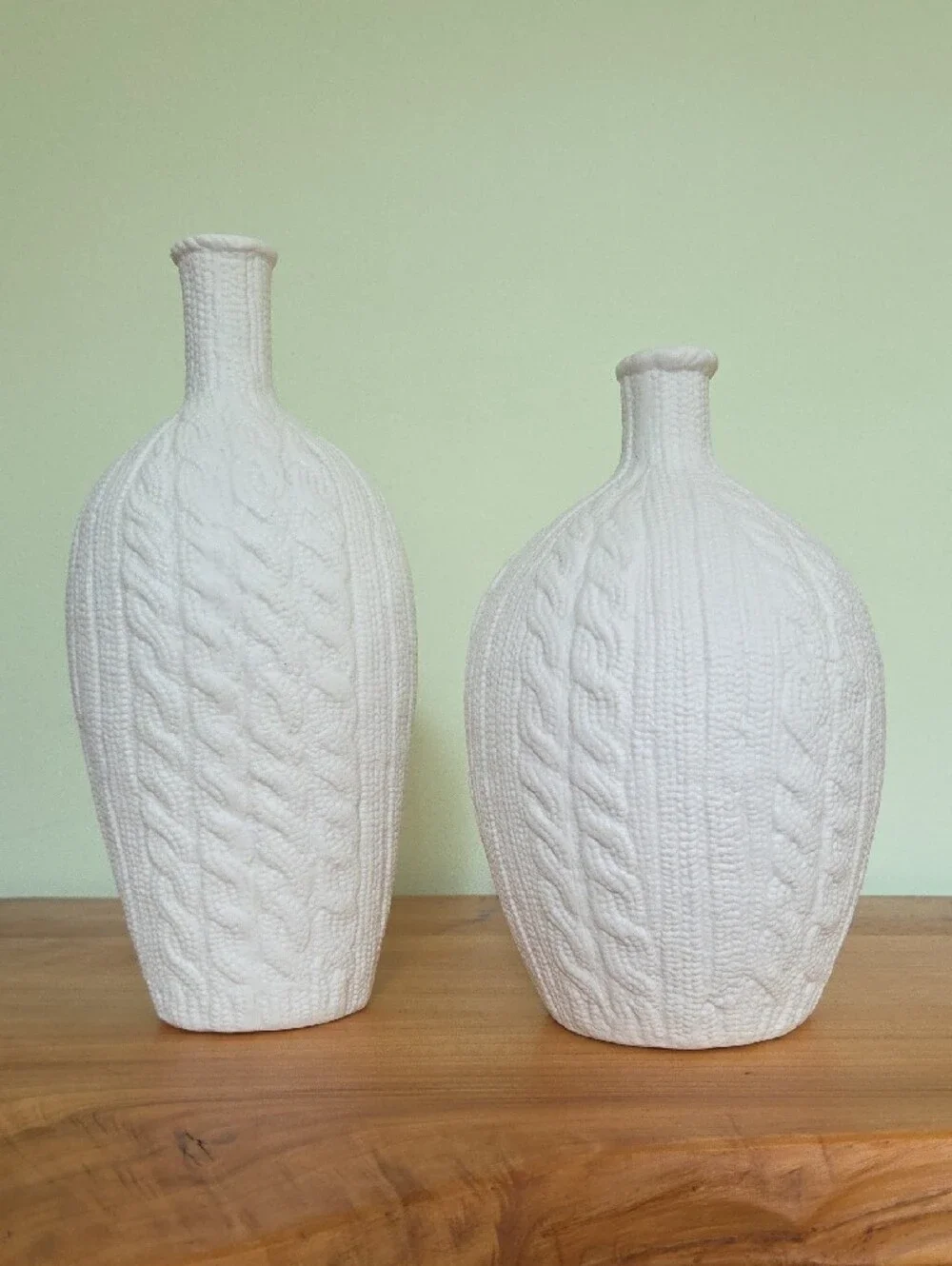 Crate & Barrel White Cable Knit Ceramic Bottle Vase | Tall Slender Vessel